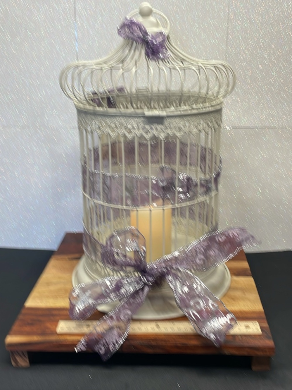 Ivory Metal Birdcage Lantern with Lavender Ribbon Accent